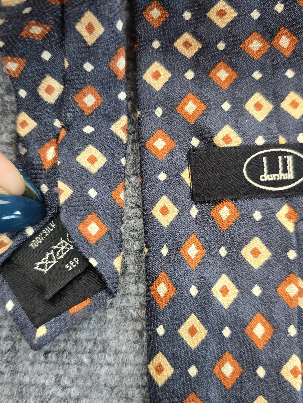 Dunhill Silk Tie Mens Navy Orange Geometric Diamond Pattern Necktie 3.75